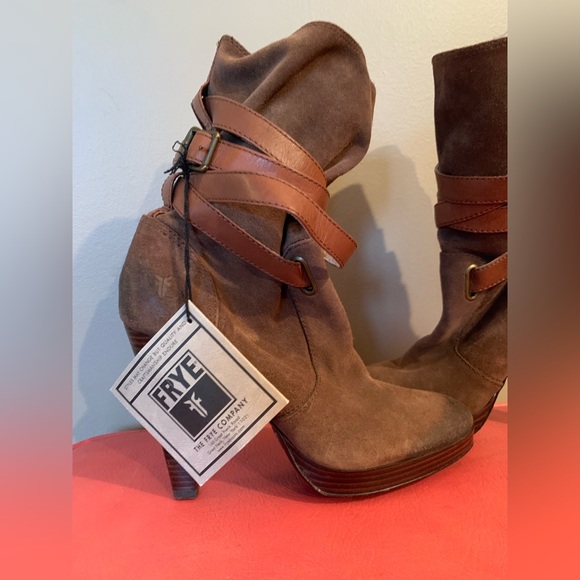 Frye Harlow Multi Strap distressed look high heel boot with stacked heel. - Picture 4 of 7